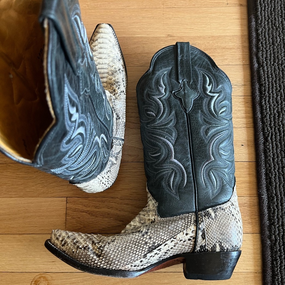 Safari Exotic Leather Black Embroidered/White & Gray Snakeskin Boots